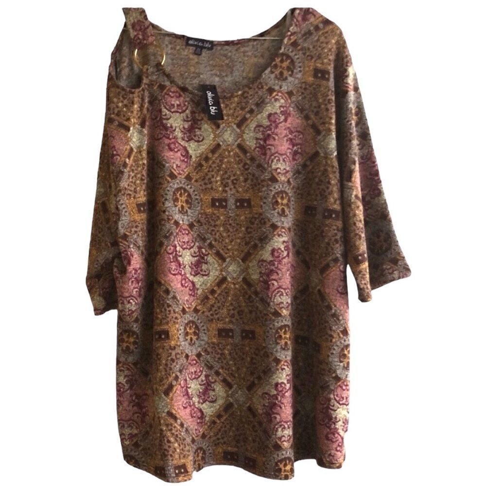OLIVIA BLU Women’s Plus Top Brown Rose Gold Ring Shoulder. 3/4 Sleeves Size: 2X